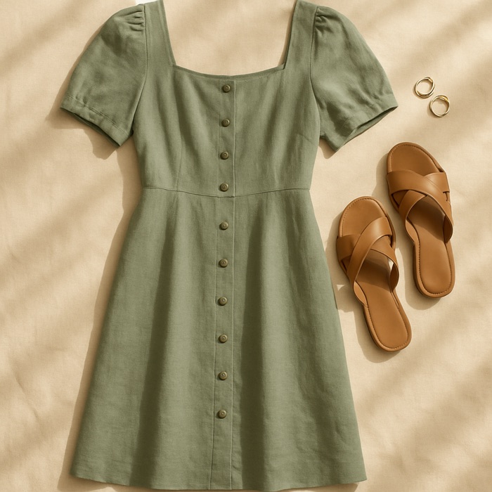 Sage green dress with tan sandals and gold jewellery - inspiration for Christening