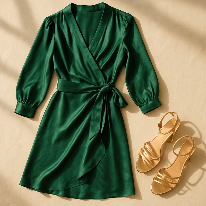 Emerald satin wrap dress with gold sandals - inspiration for Autumn wedding guest