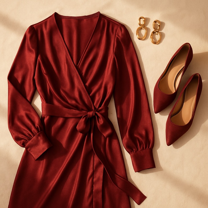 Ruby red wrap dress with matching shoes and gold earrings - inspiration for Date night