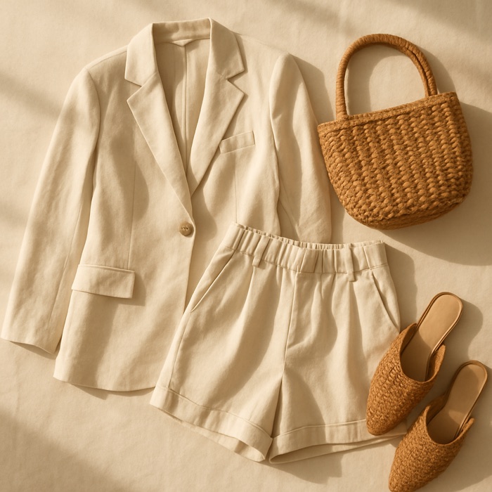 Cream linen blazer and shorts with woven accessories - inspiration for Christening guest