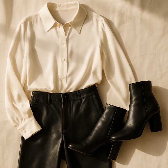 Ivory silk shirt with black leather trousers and ankle boots - inspiration for Work event
